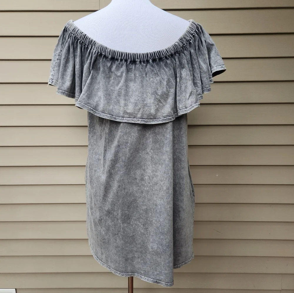 bluheaven Gray Acid Wash Knit Dress Off-Shoulder Faux Button-Up Ruffle Pockets